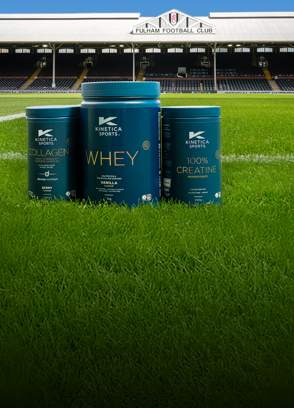 Three blue containers labeled 'Collagen', 'Whey', and 'Creatine' on a football field with Fulham Football Club stadium in the background.