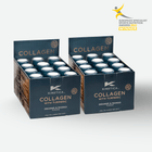 Two boxes of Kinetica Collagen with Turmeric shots on a light green background