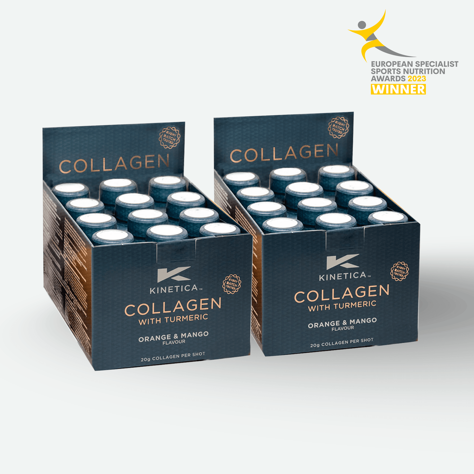 Two boxes of Kinetica Collagen with Turmeric shots on a light green background