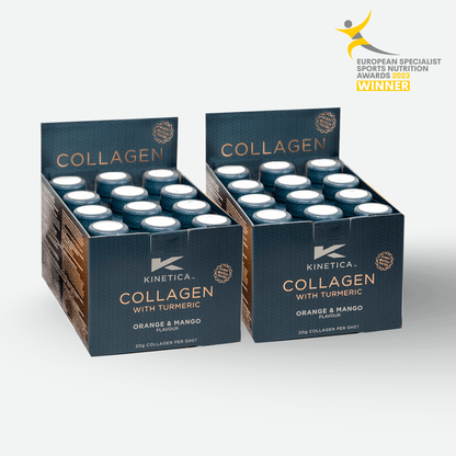 Two boxes of Kinetica Collagen with Turmeric shots on a light green background