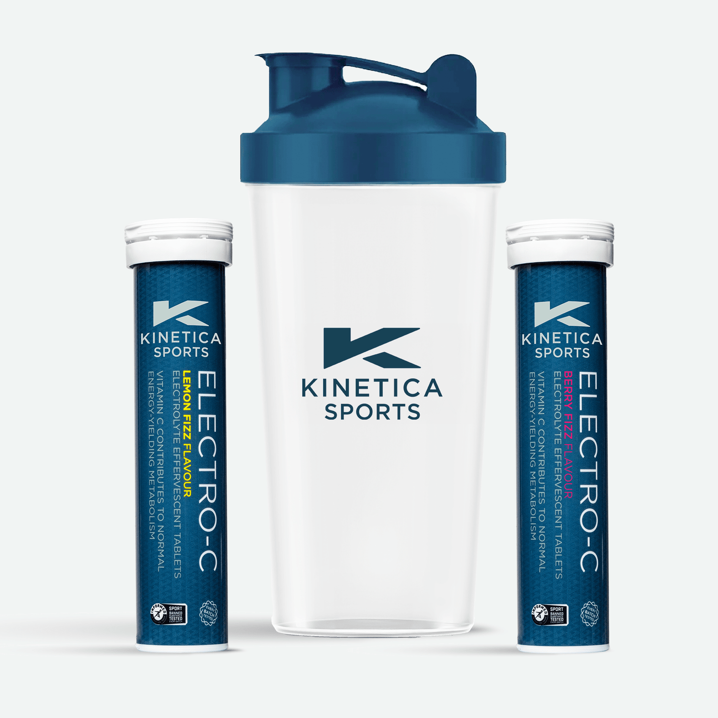 Kinetica Sports shaker bottle and Electro-C tablets on a light green background
